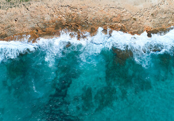 Wonderful turquoise water in ses salines, Palma de Mallorca, Balearic Islands, Drone.