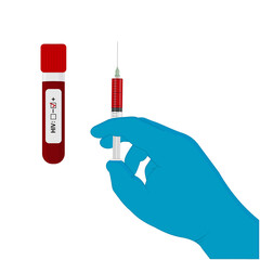 A syringe with a blood test in the doctor's hand and a test tube with a test for HIV and AIDS infection, color isolated vector illustration in flat style on the theme medicine, clipart, banner, logo, 