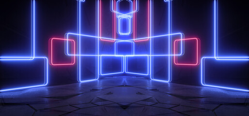 Cyber Futuristic Neon Rectangle Blue Purple Fluorescent Sign Neon Lights Vibrant Sci Fi Glowing Garage Hangar Studio Room 3D Rendering