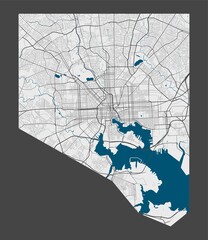 Detailed map of Baltimore city, Cityscape. Royalty free vector illustration.