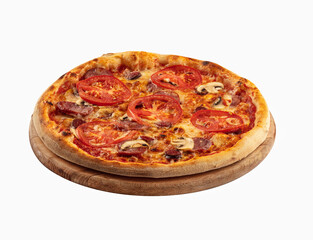 Freshly baked pizza with salami, onion rings and sliced pickles on a wooden board isolated on white background. Front view at an angle.
