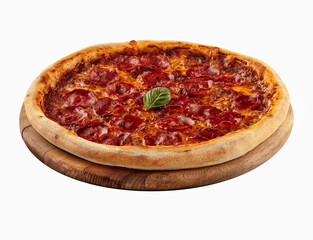 Freshly baked pizza with salami, onion rings and sliced pickles on a wooden board isolated on white background. Front view at an angle.