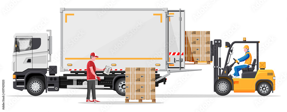 Poster forklift loading pallet boxes into truck. warehouseman with checklist. electric uploader loading car