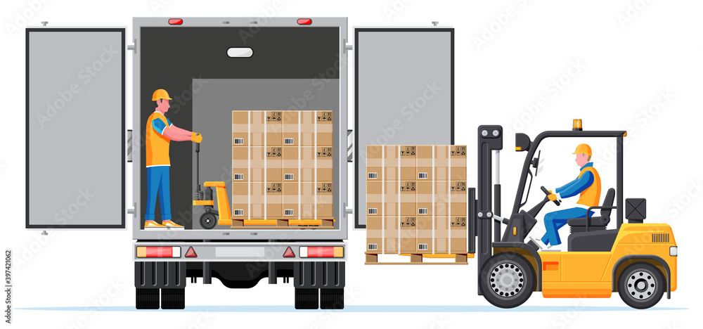 Poster forklift loading pallet boxes into truck in rear view. electric uploader loading cardboard boxes in 