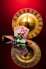 Casino set with Roulette, cards, dice and chips - 397421413