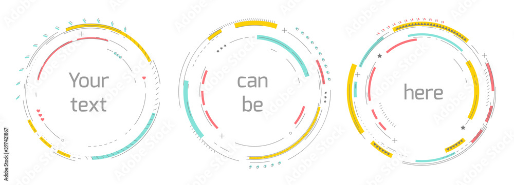 Poster spots of many bright broken lines and little particles. round design element.