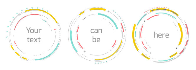 Spots of many bright broken lines and little particles. Round design element. 