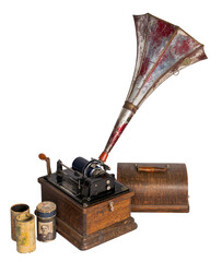 High angle cut out of 1911 Edison Fireside old phonograph with three cylinder records, including...