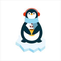 Christmas penguin is sitting on ice and drinking tea.