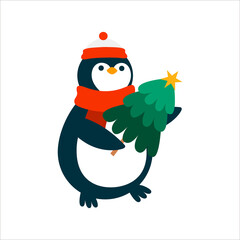 Christmas penguin with tree isolated on a white background.