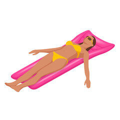 Isometric young woman on air mattress in the big swimming pool. Summer holiday idyllic. Enjoying suntan. Vacation concept.