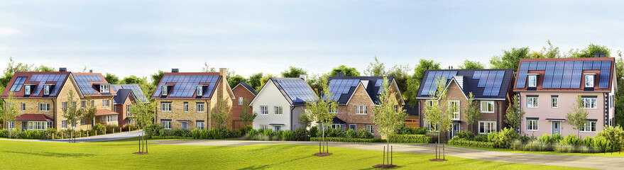 Beautiful new homes with solar panels on the roof - 397422894
