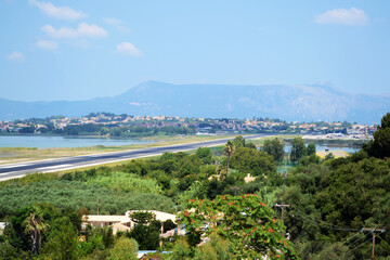 Obraz premium Airport of Corfu island seen from Kanoni area, Greece.
