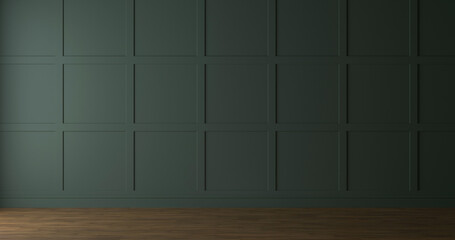 Dark green wall with molding and wood parquet floor. 3d render