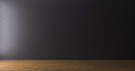 Empty black chevron wall with wooden parquet floor and classic skirting board. 3d render. horizontal composition