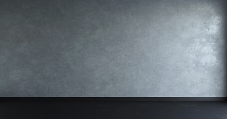 Grey rough concrete wall  and black floor. 3d render. Horizontal composition. Frontal view. Side light
