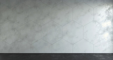 Grey hexagon concrete wall  and black floor. 3d render. Horizontal composition. Frontal view. Side light