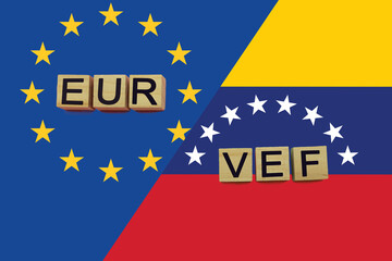 United Europe and Venezuela currencies codes on national flags background