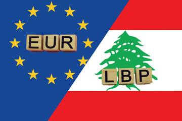 United Europe and Lebanon currencies codes on national flags background