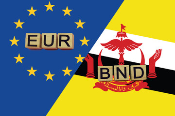 United Europe and Brunei currencies codes on national flags background