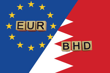United Europe and Bahrain currencies codes on national flags background