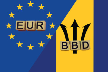 United Europe and Barbados currencies codes on national flags background
