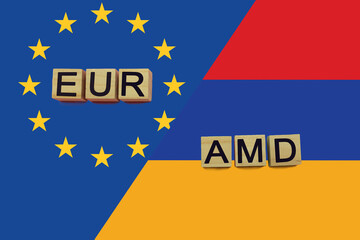 United Europe and Armenia currencies codes on national flags background