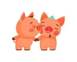 Obraz na płótnie Canvas Valentine's day clipart. Cute piggy kisses a girlfriend. Declaration of love, first love. Vector printable illustration with cartoon characters
