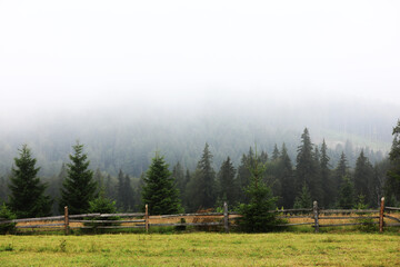 Fototapeta na wymiar autumn meadow with a old wooden fence on a farm close up, in the Smoky Mountains on a foggy day. travel destination scenic, carpathian mountains