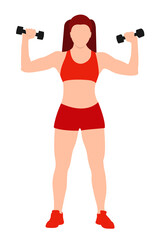 Fototapeta na wymiar Athletic beautiful girl in a red tracksuit with dumbbells in her hands on white background. Fitness, sports. Vector illustration