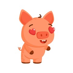 Obraz na płótnie Canvas Valentine's day clipart. Cute piglet in love with heart shaped eyes. Declaration of love. Vector printable illustration with cartoon characters