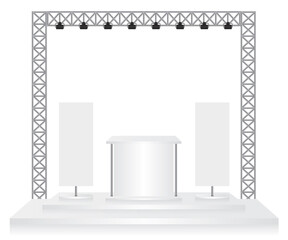 Trade exhibition stand and flags on white background