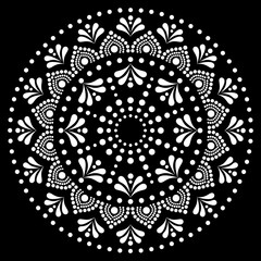 Mandala dot painting vector design, Aboriginal dot art style, Australian folk art boho style in white on black