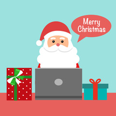 Santa Claus using laptop computer. Merry Christmas online at home in covid19 Coronavirus outbreak concept vector illustration. Xmas holiday celebration.	