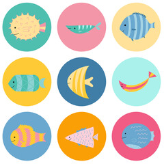 Set of cute exotic fish in color circles. Sea or ocean fish icons. Cartoon style. Design for children's stickers, posters, cards. Vector illustration