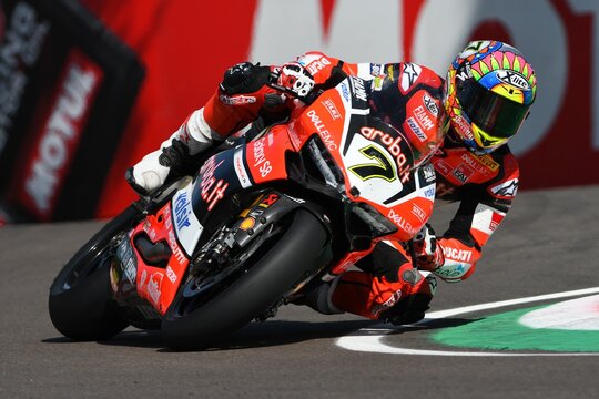 San Marino, Italy - May 12, 2017: Ducati Panigale R of Aruba.it Racing-Ducati SBK Team, driven by DAVIES Chaz in action during the qualifying session on May 12, 2017 in Imola Circuit, Italy
