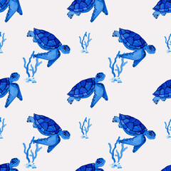 watercolor seamless pattern with 
blue turtle in geometric ornament on the shell and seaweed