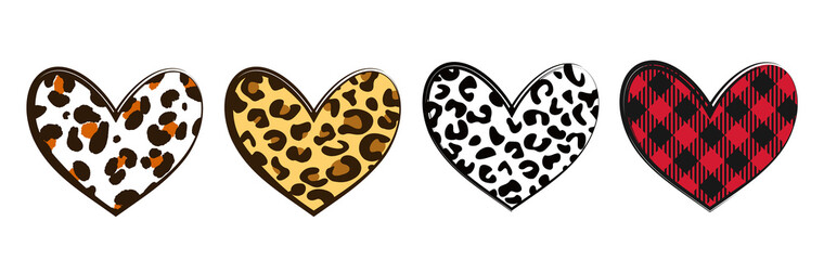 Leopard Heart. Hearts with buffalo plaid and wild animal skin background. Valentines Hearts, Plaid Heart, Leopard Heart for t-shirt. Happy Valentines Day.   © Viks_jin