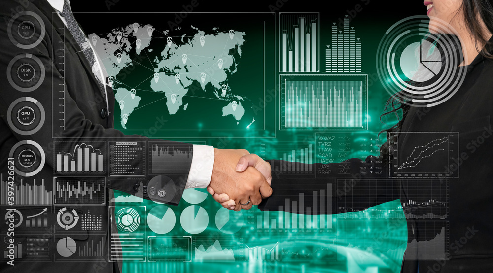Poster global finance analysis and big data research concept . futuristic screen showing large statistic in