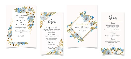 Fototapeta na wymiar Set Of Elegant blue and white floral wedding invitation