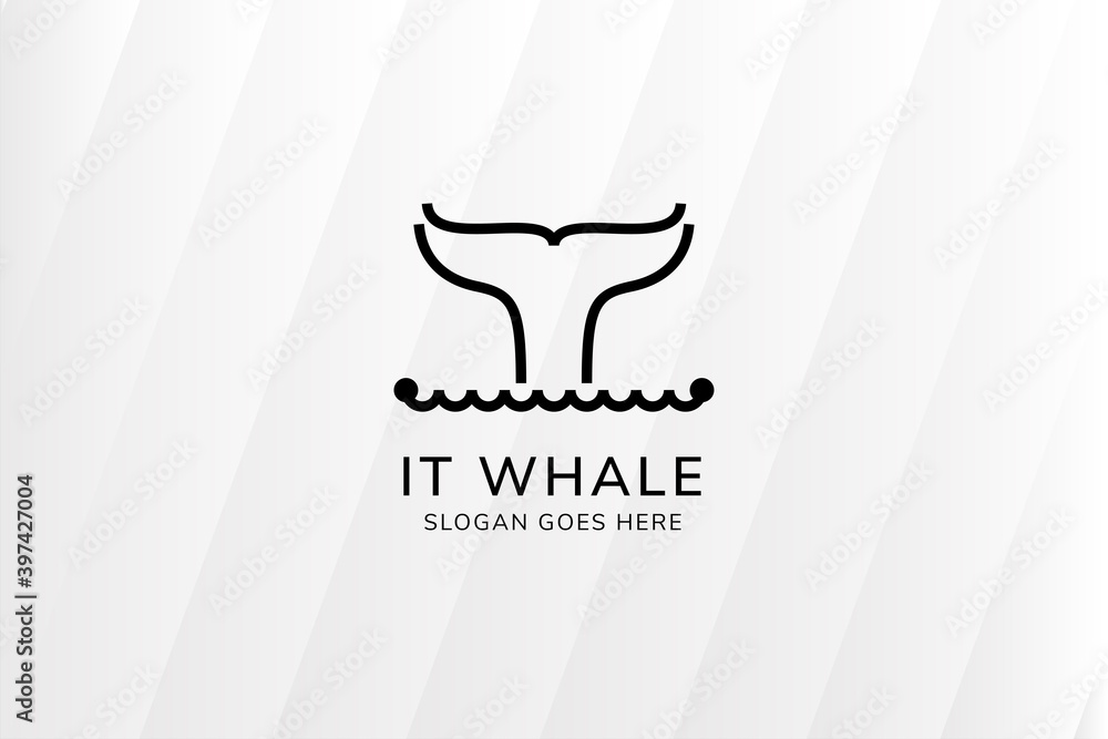 Poster code whale logo design template use line style with black color. the idea of fine whale combined fac