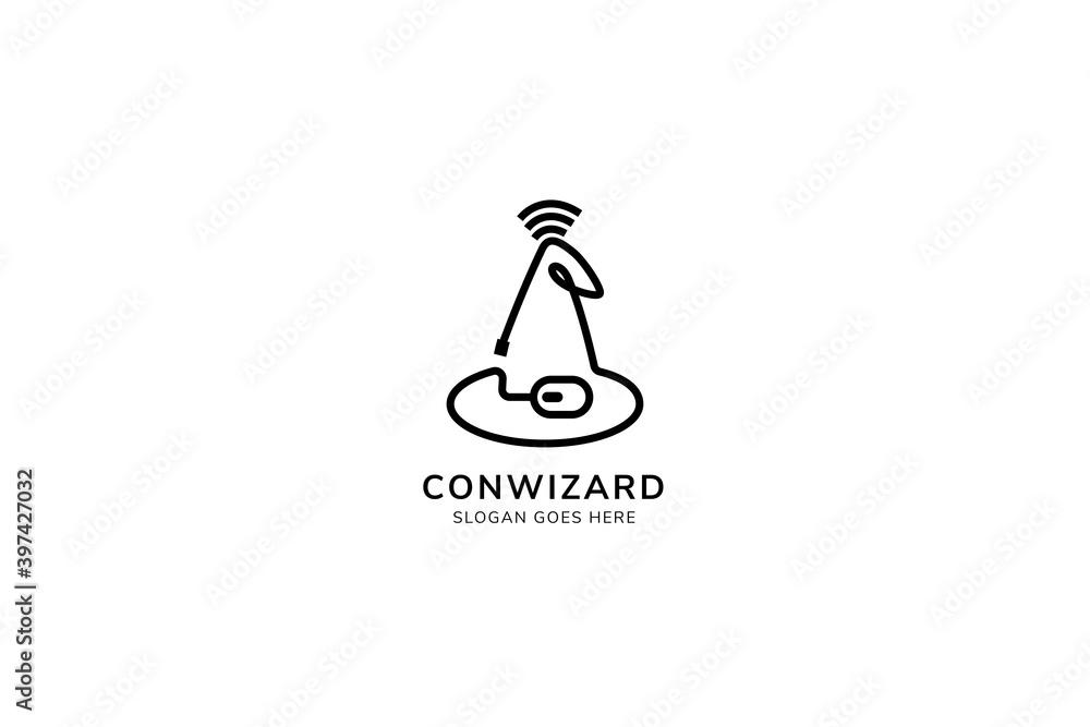 Poster connected wizard logo design template. outline style use black monochrome. the idea are combination 