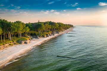 Sunset on Baltic Sea in summer, aerial view of Poland - obrazy, fototapety, plakaty