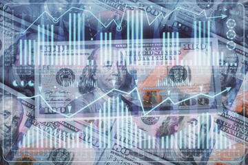 Multi exposure of forex chart drawing over us dollars bill background. Concept of financial success markets.