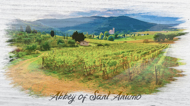 Abbey of Sant Antimo with vineyard in Tuscany, watercolor painting