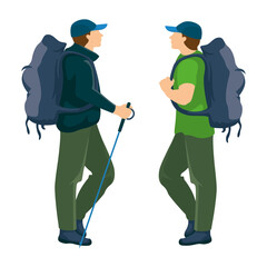A man with a backpack goes camping. Traveler on a white background.