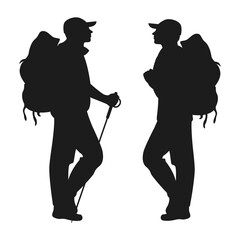 Silhouette of a man with a backpack who goes camping. Traveler on a white background.