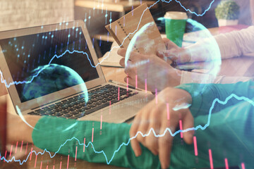 Double exposure of man and woman working together and forex chart hologram. Business concept. Computer background.