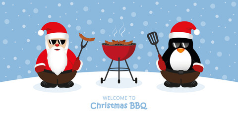 cute santa claus and penguin with sunglasses at christmas bbq vector illustration EPS10