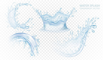 Realistic water splash set isolated on light transparent background. Blue liquid waves. Vector illustration design.